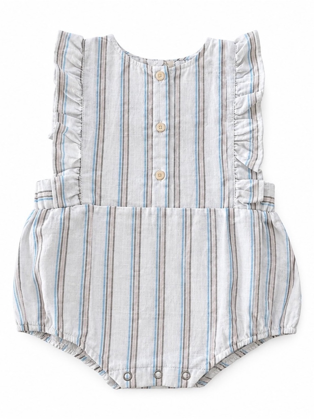 Striped Blue & Gray Baby Romper with Ruffle Shoulders